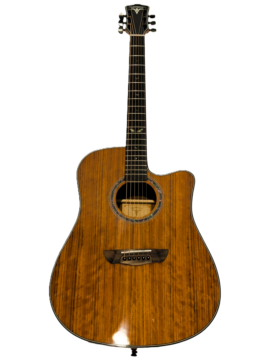 Acoustic guitar with a cutaway on a white background