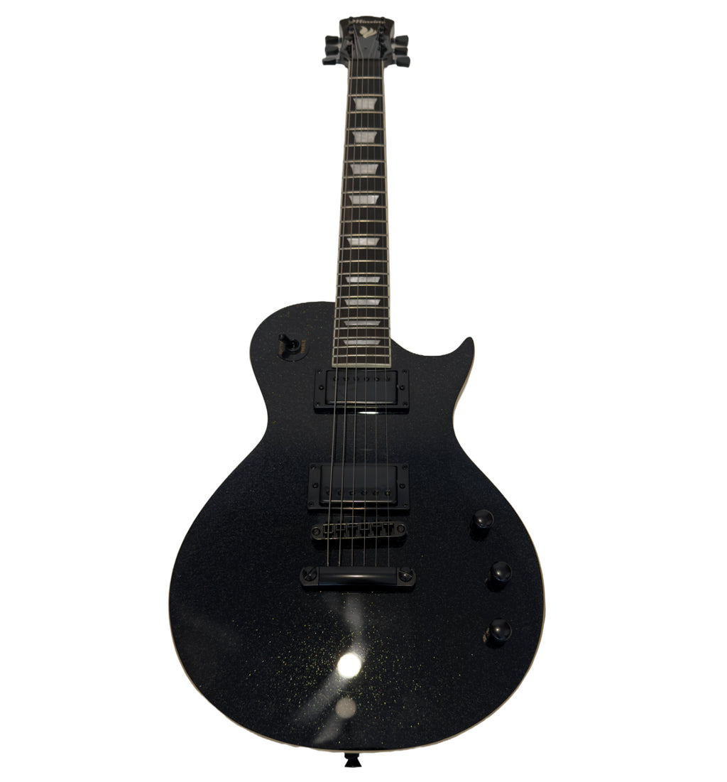 Black electric guitar on a white background