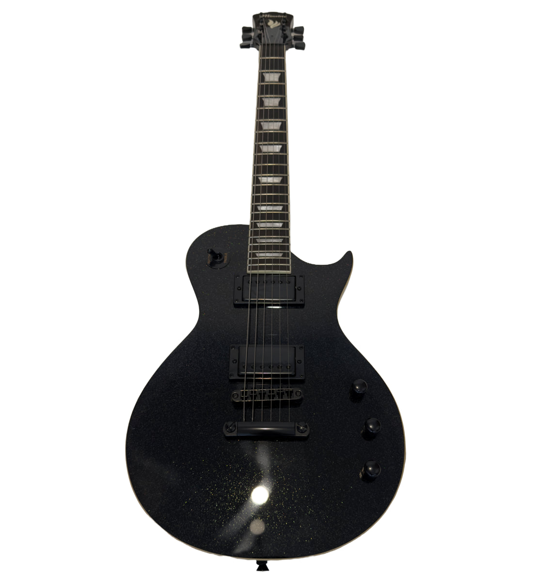 Black electric guitar on a white background